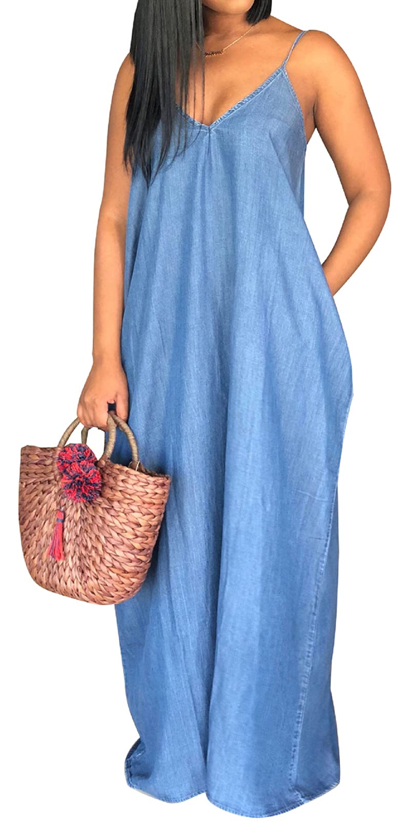 SeNight Women's Fashionable Maxi Denim Sundress Casual Summer Long Dress With Pockets  
SeNight Women's Comfortable Maxi